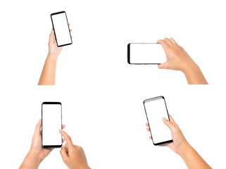 Collection of hand holding cell phone blank on white screen and white background