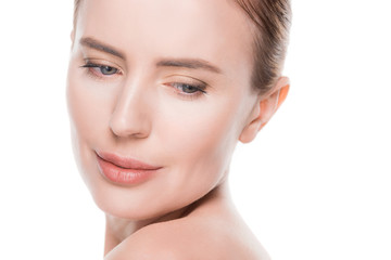 Obraz premium Woman with clean fresh skin isolated on white