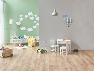 new style baby room green and grey wall concept. Bed pattern and lamp concept with toys style. baby room