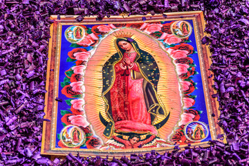 Virgin Mary detail on Holy Thursday procession carpet, Antigua, Guatemala