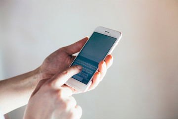 Women using blank smartphone isolated, girl texting message sms, connect concept, mockup. She chatting with friends at social network.