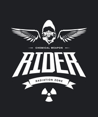 Vintage toxic rider in gas mask vector logo isolated on dark background.