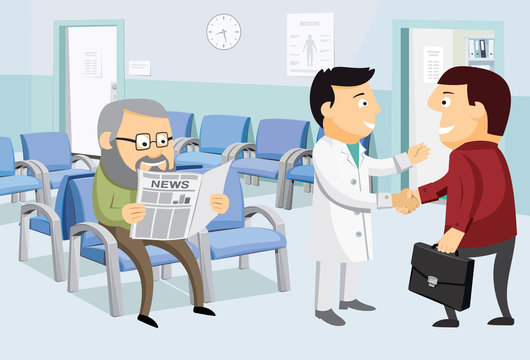 Interior at the work office. Waiting room in office width patients and doctor. Private medical practice. The best medical health care. Cartoon vector illustration in perspective.