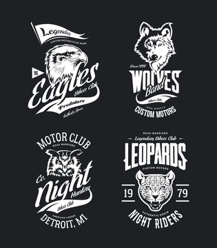 Vintage leopard, wolf, eagle and owl bikers club t-shirt vector isolated logo set