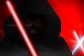 Skull in hood / Hooded skull in shadow with light sword on red background.