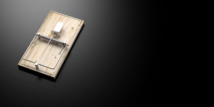 Mouse Trap Empty On Black Wooden Floor, Banner, Copy Space. 3d Illustration