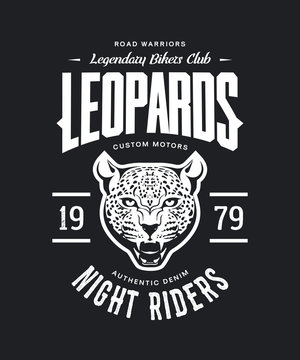 Vintage furious leopard custom motors club t-shirt vector logo on dark background.