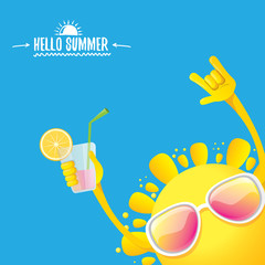 hello summer rock n roll vector label or logo. summer cocktail party poster background with funky smiling sun character