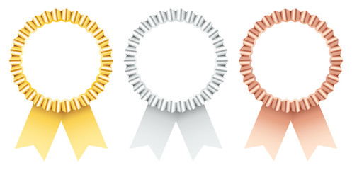 3 Award Badges Golden/Silver/Bronze Ribbon