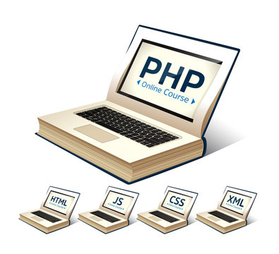 Programming language concept - PHP, CSS, XML, HTML, Javascript learning - book as laptop