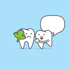 Tooth character with vegetable stuck illustration vector on blue background. Dental concept.
