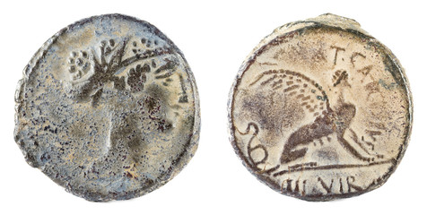 Roman Republic Coin. Ancient Roman silver denarius of the family Carisia.