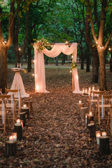 wedding arch in the forest with light bulbs. rustic decor
