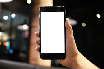 Women hands holding cell telephone blank copy space screen. smart phone with technology concept