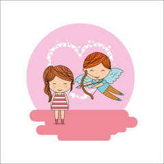 cupid boy and little girl valentine card heart decoration vector illustration