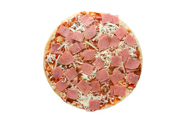 Frozen pizza on a white background. Semi-finished pizza isolated on white background. Top view.