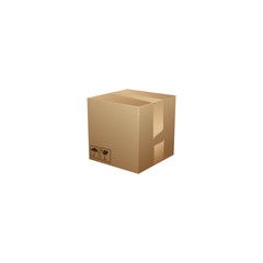 Carton box container vector illustration, cardboard box pack with handling packing icons, text stickers, bar code, closed parcel box, package paper box flat cartoon design isolated on white