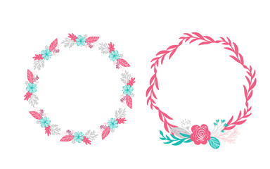 two floral wreath bouquet flowers Botanical elements isolated on white background in Scandinavian style. Hand drawn vector illustration