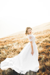 Beauty woman, bride with perfect white dress background mountains