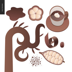 Love spring chocolate - set of dark and white chocolate, choclate chips, coffee and cacao beans and leaves