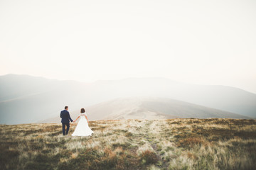 Fototapeta na wymiar Happy beautiful wedding couple bride and groom at wedding day outdoors on the mountains rock. Happy marriage couple outdoors on nature, soft sunny lights