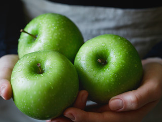 Girl is holding the fresh green apples in hands. The concept of organic food and harvest.