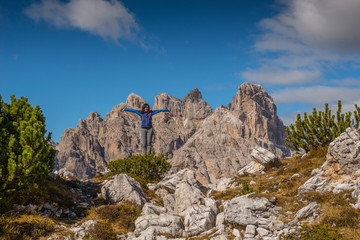 pretty young woman in italien dolomites, south tyrol, italien alps, tre cime di lavaredo