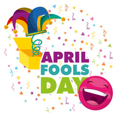 april fools day - smiling emoticon and prank box hat vector illustration