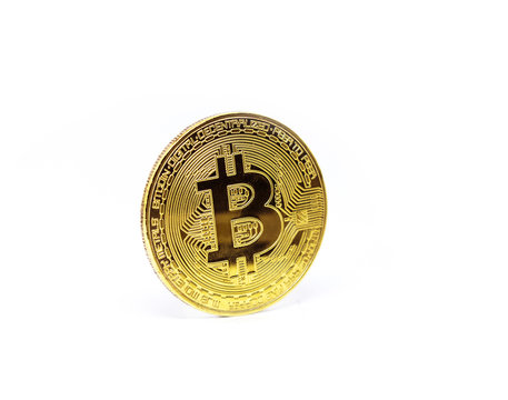 Digital currency. Cryptocurrency. Golden bitcoin isolated on white background. Physical bit coin