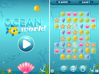 Match Three Ocean World Game with Start Screen and Field