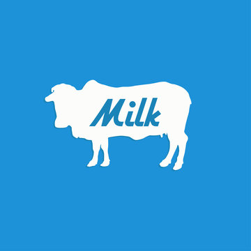Emblem template with white silhouette of cow against blue background and sample text: natural milk and farm products. Image for milk stores, market, packaging and advertising. Vector illustration.