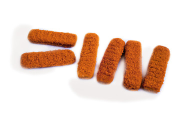 Frozen semi-finished products. Fish fingers. Isolate on white.