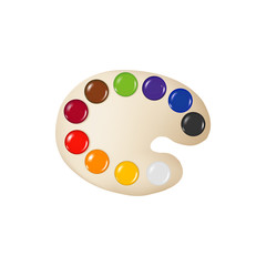 Vector illustration of an art palette with paints and brushes isolated on a white background.