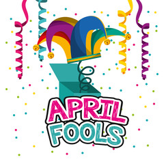 april fools day - jester hat in box hang streamers and confetti vector illustration