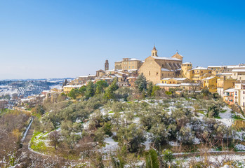Poggio Mirteto (Italy) - The historic center of a little city in province of Rieti, beside Rome capital, under the exceptional snowfall of February 2018 - obrazy, fototapety, plakaty