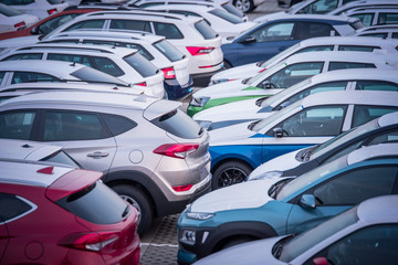 Fototapeta premium Colorful new Cars Stock. Cars For Export and Sale in big Fabric