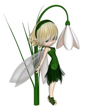 Cute toon blonde snowdrop fairy in a green leafy dress standing by a spring snowdrop flower, 3d digitally rendered illustration