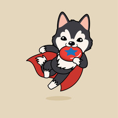 Cute cartoon character design Dark Grey Siberian Husky , super dog, playing Frisbee or flying plastic disc