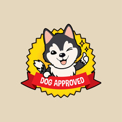 Cute cartoon character design Dark Grey Siberian Husky dog on badge design action thumb up , dog approved symbols ,flat style, guarantee vector illustration