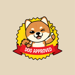 Cute cartoon character design Shiba Inu dog on badge design action thumb up , dog approved symbols ,flat style, guarantee vector illustration