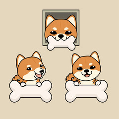 7. Close up head shot , set of Cute cartoon character design Shiba Inu dog ,bit white bone.