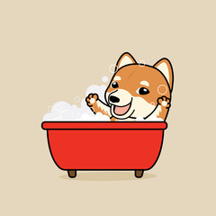 Cute cartoon character design Shiba Inu dog  take a bath in red bathtub with  soap bubbles