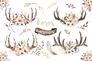 Set of watercolor floral boho antler print. western bohemian decoration. Hand drawn vintage deer horns with flowers, leaves and herbs. Eco style hipster illustration on white.