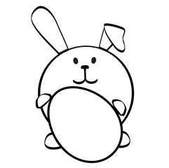 Cute white bunny holding in his hand Easter egg.  Simple line drawing. Smiling rabbit. May be use for children's coloring app