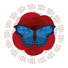 cute blue butterfly on flower decoration wreath vector illustration