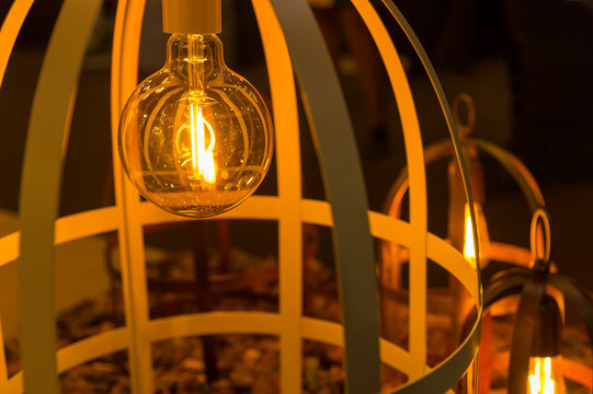 Close up of a lightbulb in home light in a wooden cage