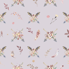 Boho seamless watercolor pattern of arrows and wild flowers, leaves, branches flowers, illustration isolated, bird and feathers, bohenian decoration bouquets