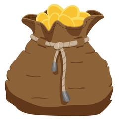 Brown bag with gold coins and tie with shadows.