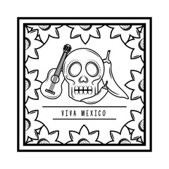viva mexico skull guitar chili pepper floral frame vector illustration