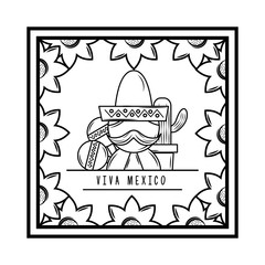 viva mexico man mexican maracas cactus in pot floral frame vector illustration